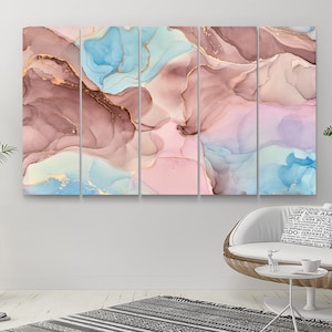 Pink Blue Yellow Abstract Wall Art Canvas Print Gold Brown - Etsy