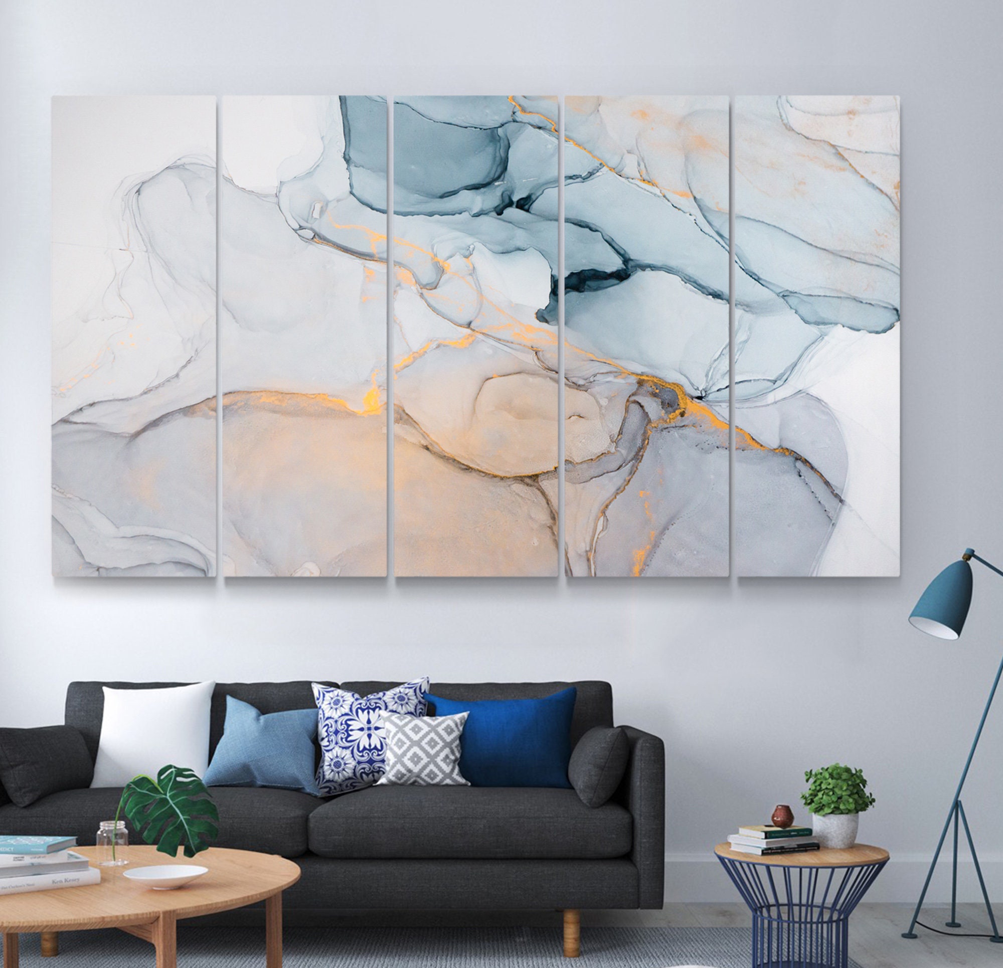 Blue and Grey Wall art Abstract Canvas Print Living Room decor Etsy