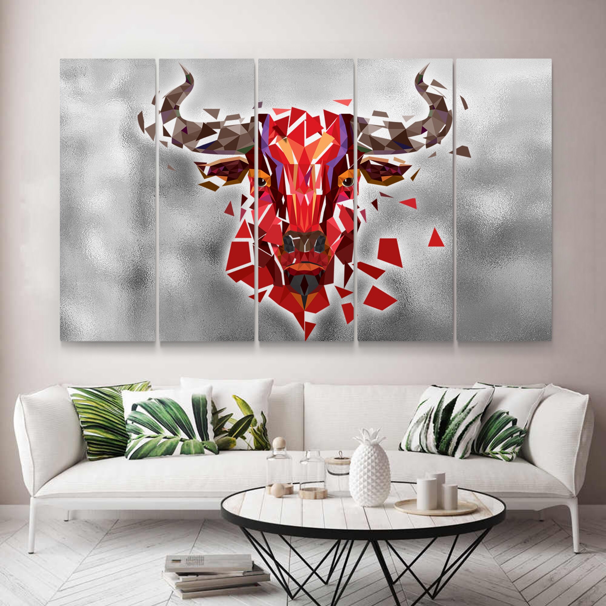 Bull Abstract Painting on Canvas Buffalo Geometric Red Bull Etsy