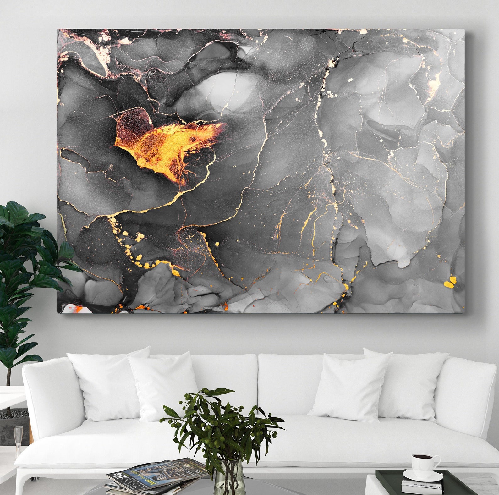 Gold Abstract wall art grey and Yellow art canvas print Etsy