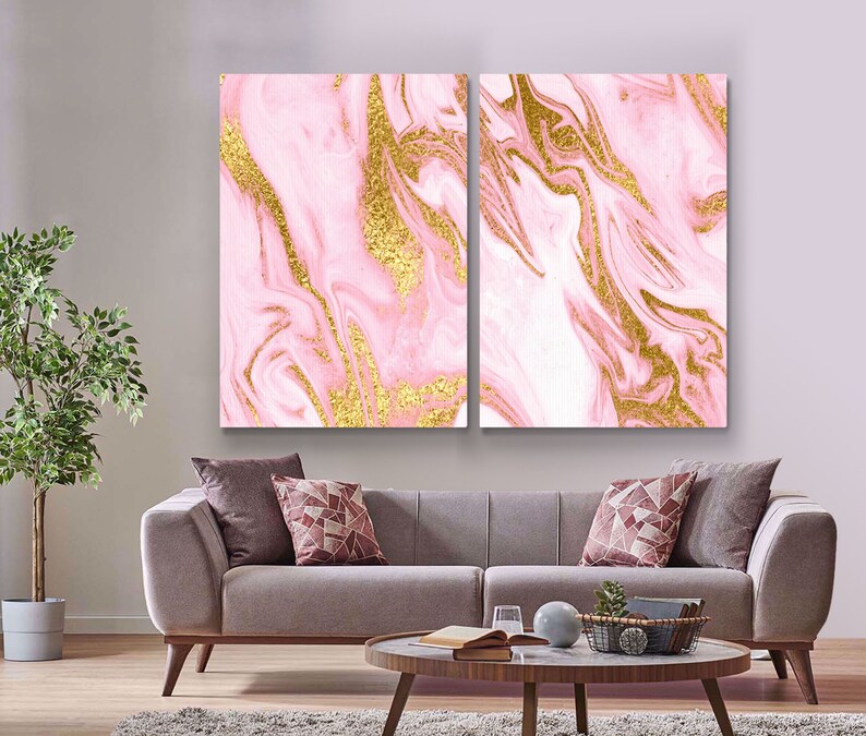 Abstract Pink Yellow Wall Art Canvas Print Abstract Luxury Etsy