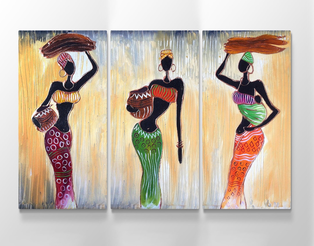 African Wall Art, Set of 3 Ethnic Art, African Painting Canvas Print
