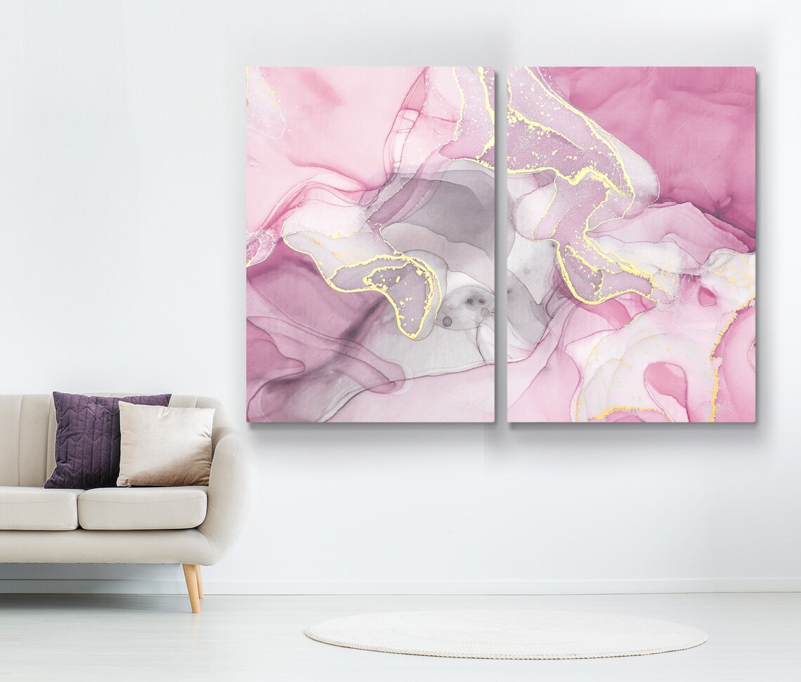 Pink and Yellow Abstract Wall Art Pink Canvas Print Grey Etsy
