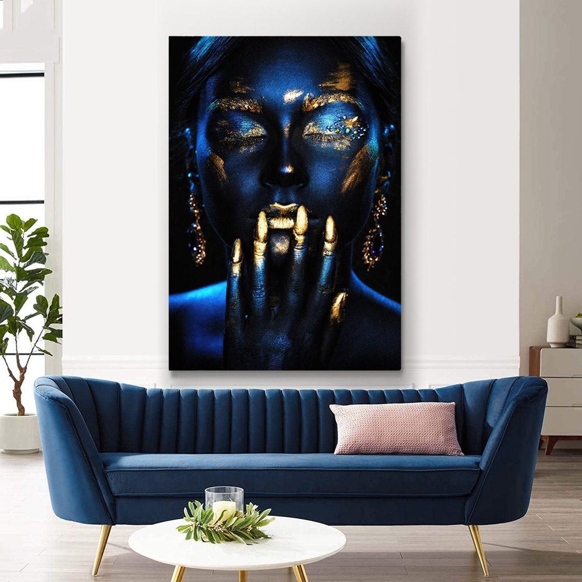 Beautiful Woman Wall Art Canvas Print Navy Blue and Yellow Etsy