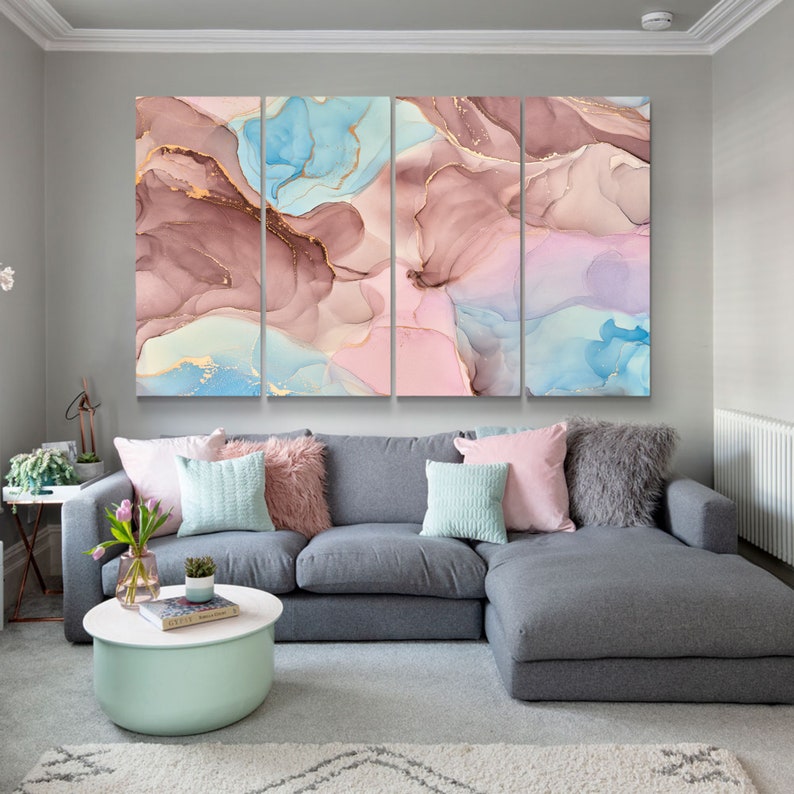 Pink Blue Yellow Abstract Wall Art Canvas Print Gold Brown Etsy