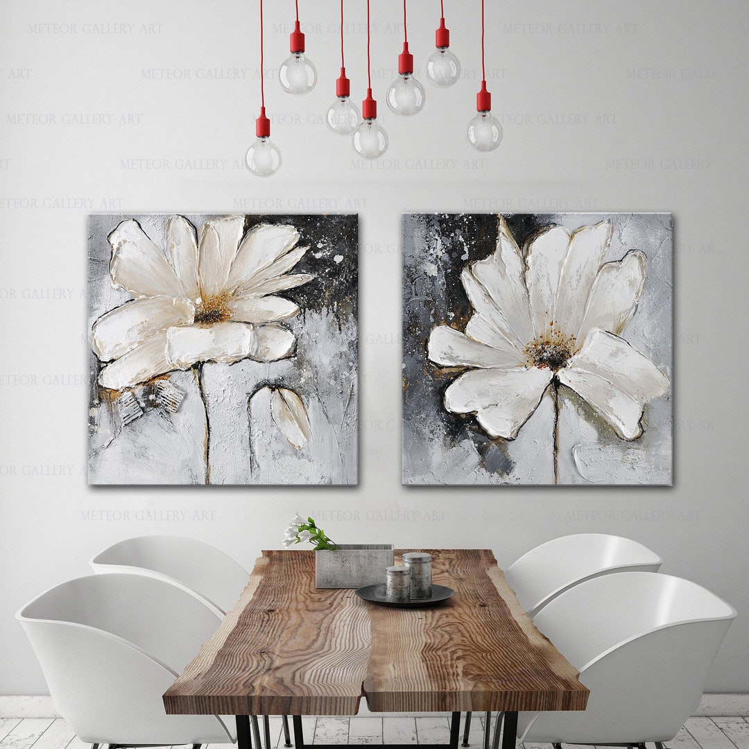 Flower White and Grey Wall Art Oil Painting Effect Digital Etsy