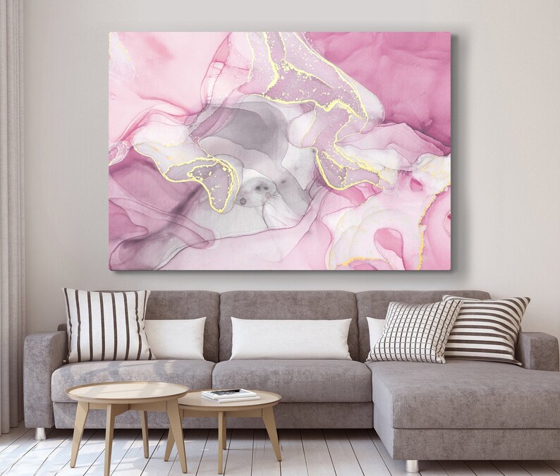 Pink and Yellow Abstract Wall Art Pink Canvas Print Grey Etsy