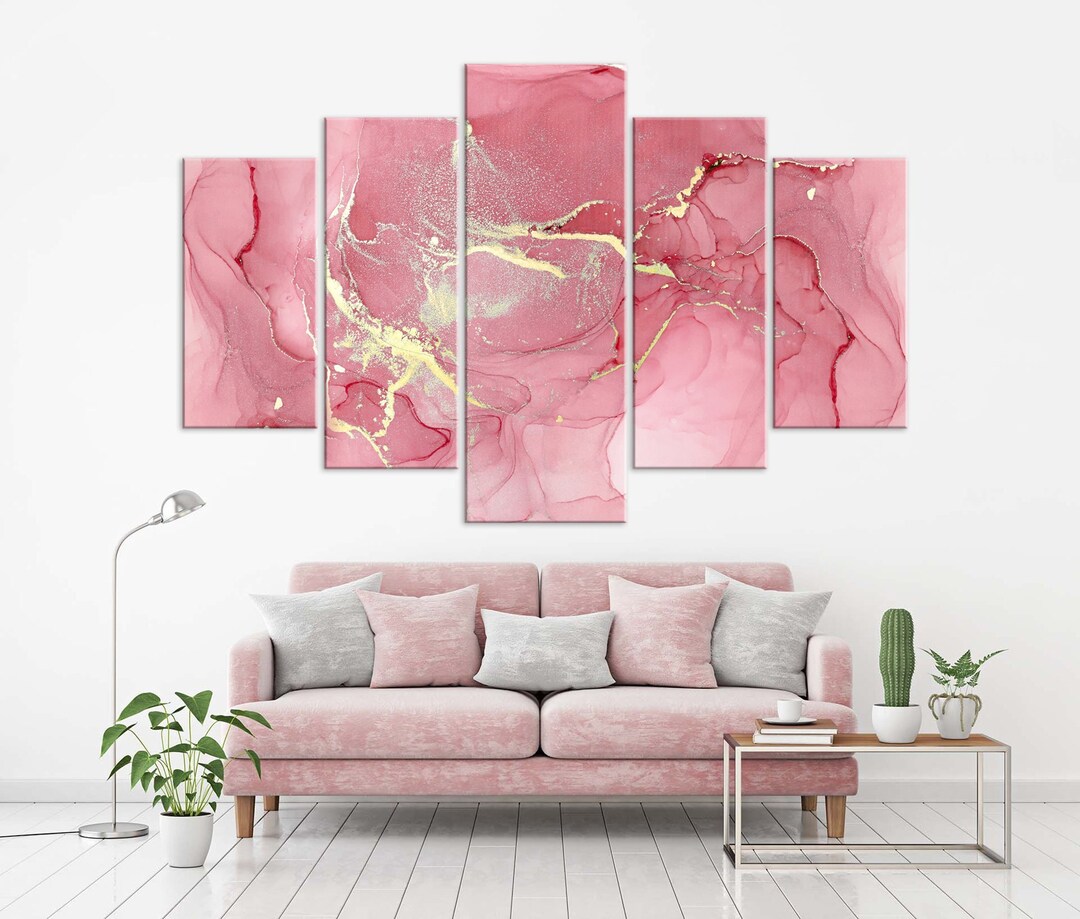 Abstract Wall Art Pink Yellow and Gold Canvas Print Marble - Etsy