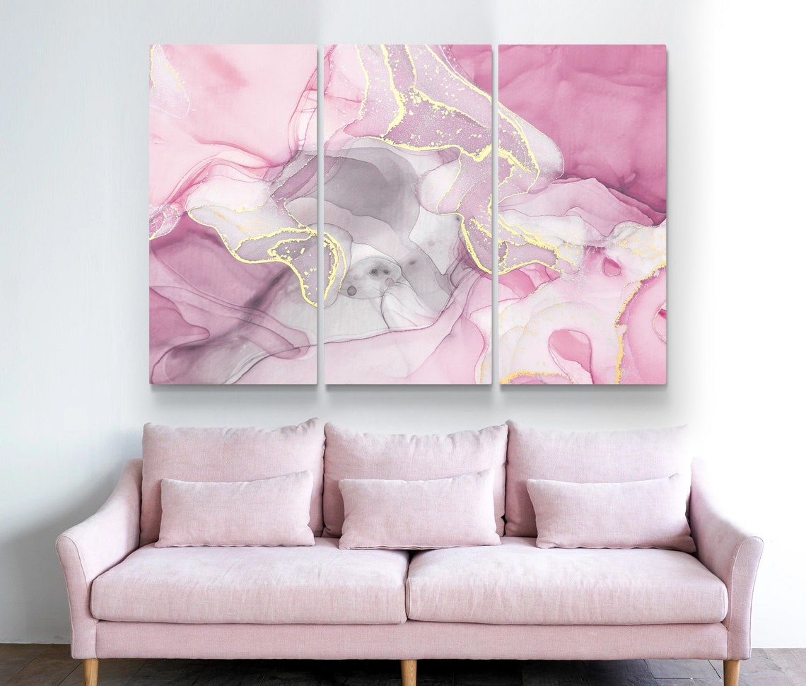Pink and Yellow Abstract Wall Art Pink Canvas Print Grey Etsy
