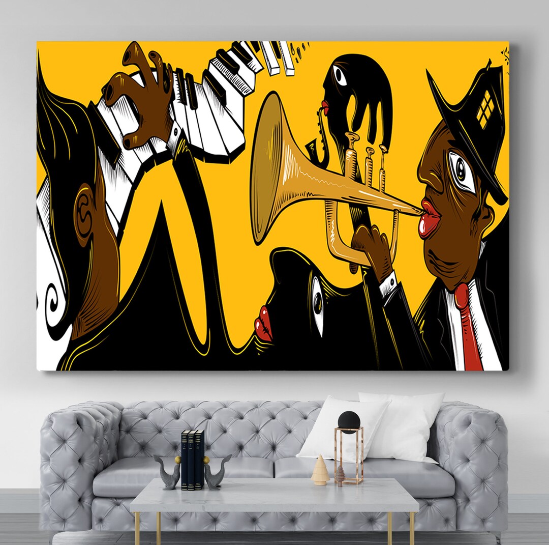 Music Jazz Wall Art Musical Canvas Print Instrument Jazz Band Black Men Contemporary Decor