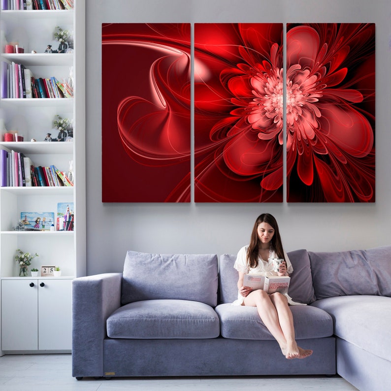 Abstract Wall Art Red Flowers Canvas Art Red Painting Etsy