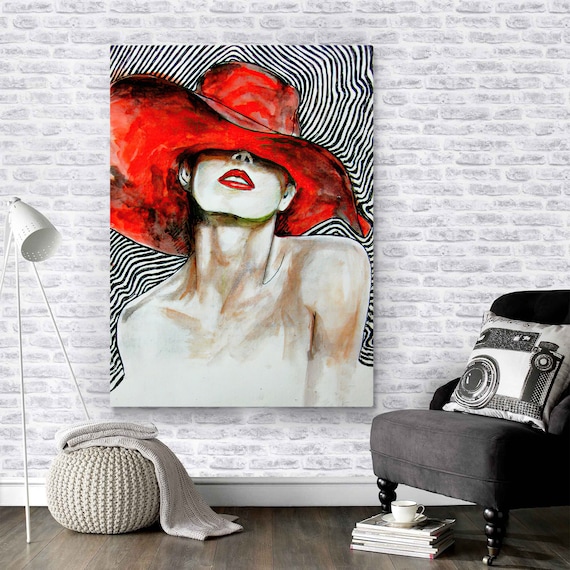 Woman Wall Art, Woman Portrait Art, Ladies Art, the Woman With Hat Art, Red  and Black Print, Female Poster, Woman Painting Canvas, Girl Art - Etsy  Israel