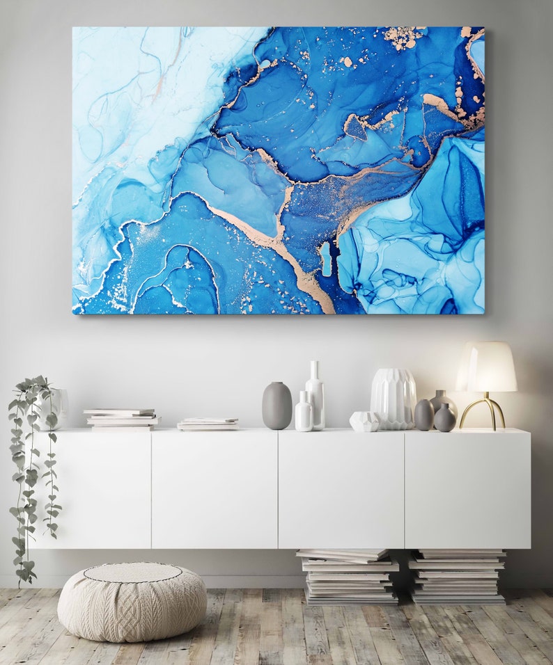 Abstract Wall Art Blue Yellow Art Print on Canvas Abstract Etsy