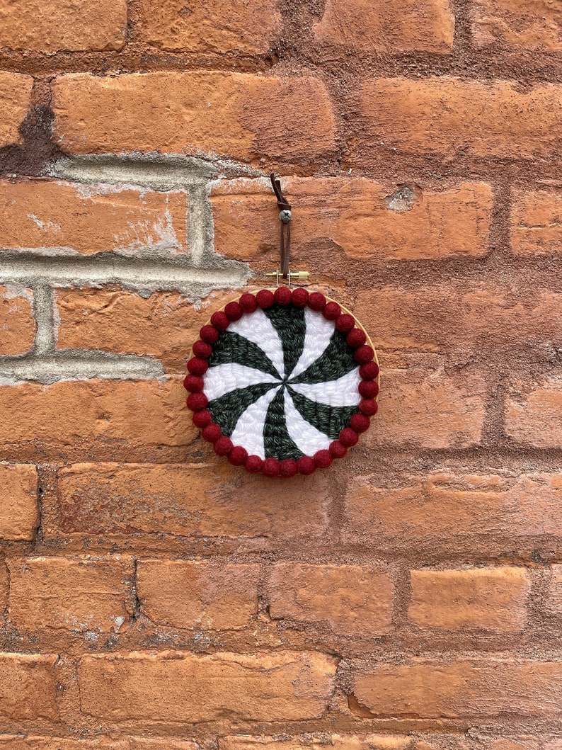Winter Christmas Peppermint Punch Needle Hoop Decoration Holiday, Home Décor, Wall Hanging, Art, Felted Wool, Ornament, Handmade Gift image 2