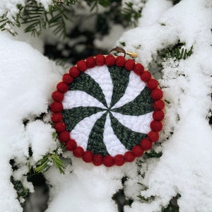 Winter Christmas Peppermint Punch Needle Hoop Decoration Holiday, Home Décor, Wall Hanging, Art, Felted Wool, Ornament, Handmade Gift image 1