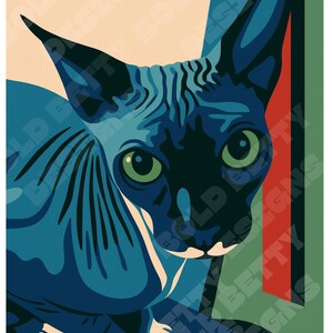 May include: A pop art style illustration of a Sphynx cat, featuring blue and black tones with green eyes. The background has vertical stripes in red, green, and blue. The image has a retro aesthetic.