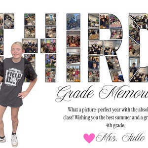 Pode incluir: Um cartaz de colagem intitulado THIRD Grade Memories apresentando um estudante com uma camiseta Belmont Hills Field Day segurando uma garrafa de água azul. O texto diz: What a picture-perfect year with the absolute best class! Wishing you the best summer and a great year in 4th grade. Mrs. Sullo com um coração rosa.