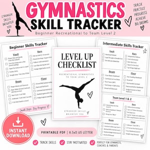 Puede incluir: Un conjunto de seguimiento de habilidades de gimnasia en PDF imprimible en papel de 21,6x27,9 cm. Los documentos incluyen listas de verificación para niveles principiante, intermedio y equipo 1 y 2, incluyendo salto, barras, viga y suelo.