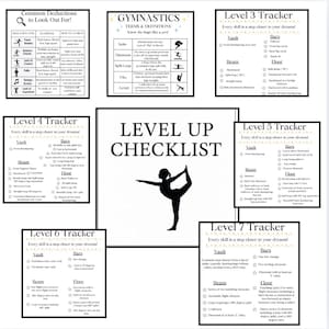 May include: A set of gymnastics checklists and definitions. The central image shows a gymnast in a balancing pose, surrounded by trackers for levels 3-7, and other informational charts. The text includes "Level Up Checklist".