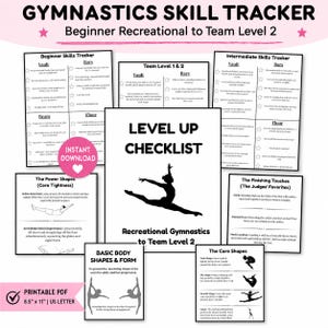 Puede incluir: Un rastreador de habilidades de gimnasia en PDF imprimible con el texto "Gymnastics Skill Tracker" y "Beginner Recreational to Team Level 2". El diseño incluye listas de verificación de habilidades, una silueta de gimnasta y "Level Up Checklist".