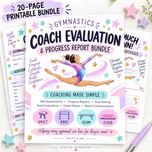 May include: A 20-page gymnastics coach evaluation and progress report bundle featuring a central illustration of a gymnast in a pink and blue leotard performing a split leap. The document includes text headers, skill assessment sections, and icons for vault, bars, beam, and floor exercises, with colorful star and heart accents.