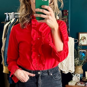 1970s Bright Red Ruffled Button Down Women&#39;s Blouse Sz Small