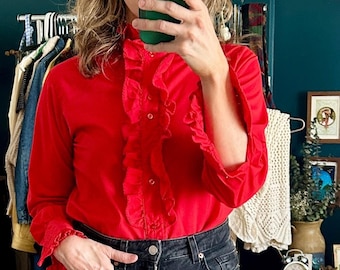 1970s Bright Red Ruffled Button Down Women's Long Sleeve Blouse,  Small