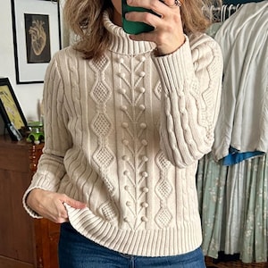 Vintage 100% Cotton Jean Pierre Beige Turtleneck Cable Knit Women&#39;s Sweater | Fishermancore Cottagecore English Country Style