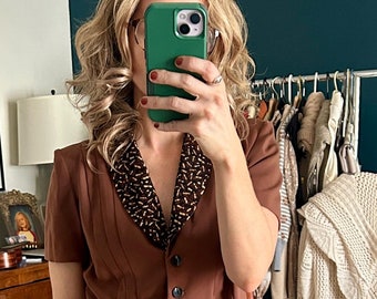 Vintage 80’s Does 40’s Brown and Black Short Sleeve Blouse Size Medium
