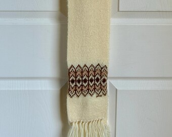 Vintage lange jaren 70 crème en bruine sjaal met franje | Retro winteraccessoires