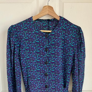 Vintage 80&#39;s Teal and Purple Floral Long Sleeve Peplum Dress Size Small | 80&#39;s Style