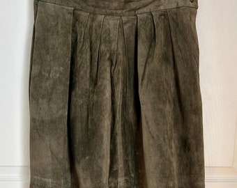 Falda midi de ante estilo vintage de los años 80 / Cintura alta, color verde oliva, talla pequeña