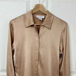 Vintage 90&#39;s Silk Tan Long Sleeve Button Down Blouse Size Small | 90s Style | Rachel Greene