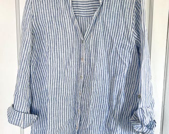 Vintage Blue White Striped Linen Button Down Women’s Large | Long Sleeve Summer Blouse