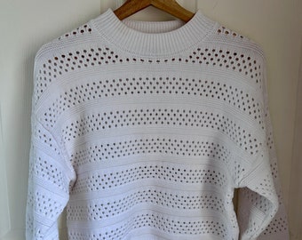 Vintage 100% Cotton White Knit Ribbed Sweater with Mock Turtleneck Size Medium | Fishermancore Pullover