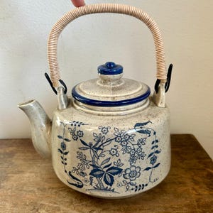 Vintage Otagiri MCM Teapot with Lid | Japanese Ceramic Teapot with Bamboo Woven Handle | Blue Gray | Cottagecore Prairiecore