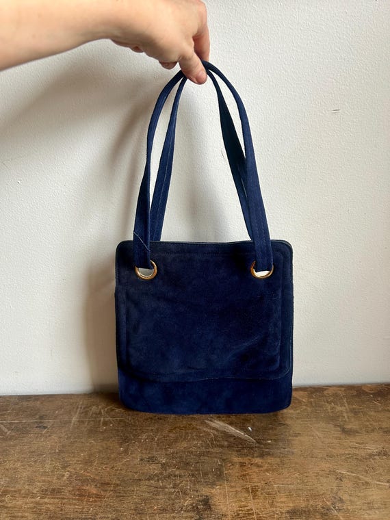 Vintage Blue Suede Purse With Grommets | 70's Style | Top