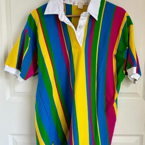 Vintage Men&#39;s 100% Cotton Funky Striped Polo Size L | 90s Style | Vintage Mens Clothing