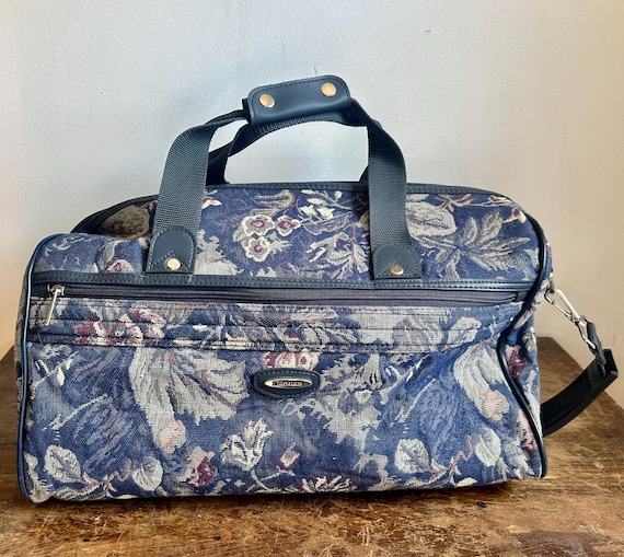Vintage Tapestry Bag, Overnight | 90's Carry On Bag Satchel Navy Floral
