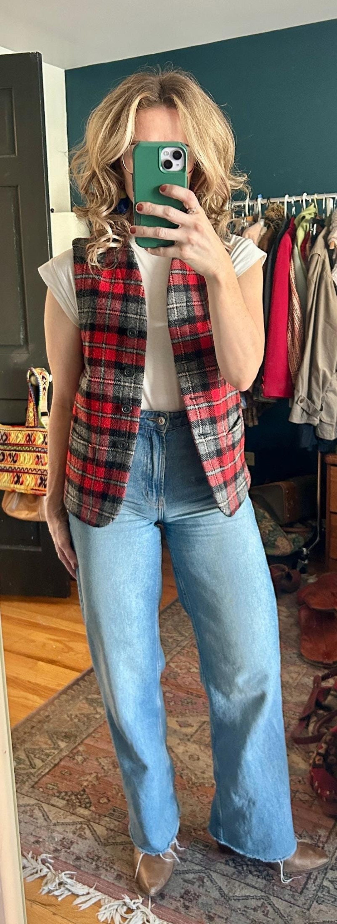 👘 Gilet D'équitation Saddleseat En Soie Rouge à Carreaux – Taille L – Neuf Avec étiquettes