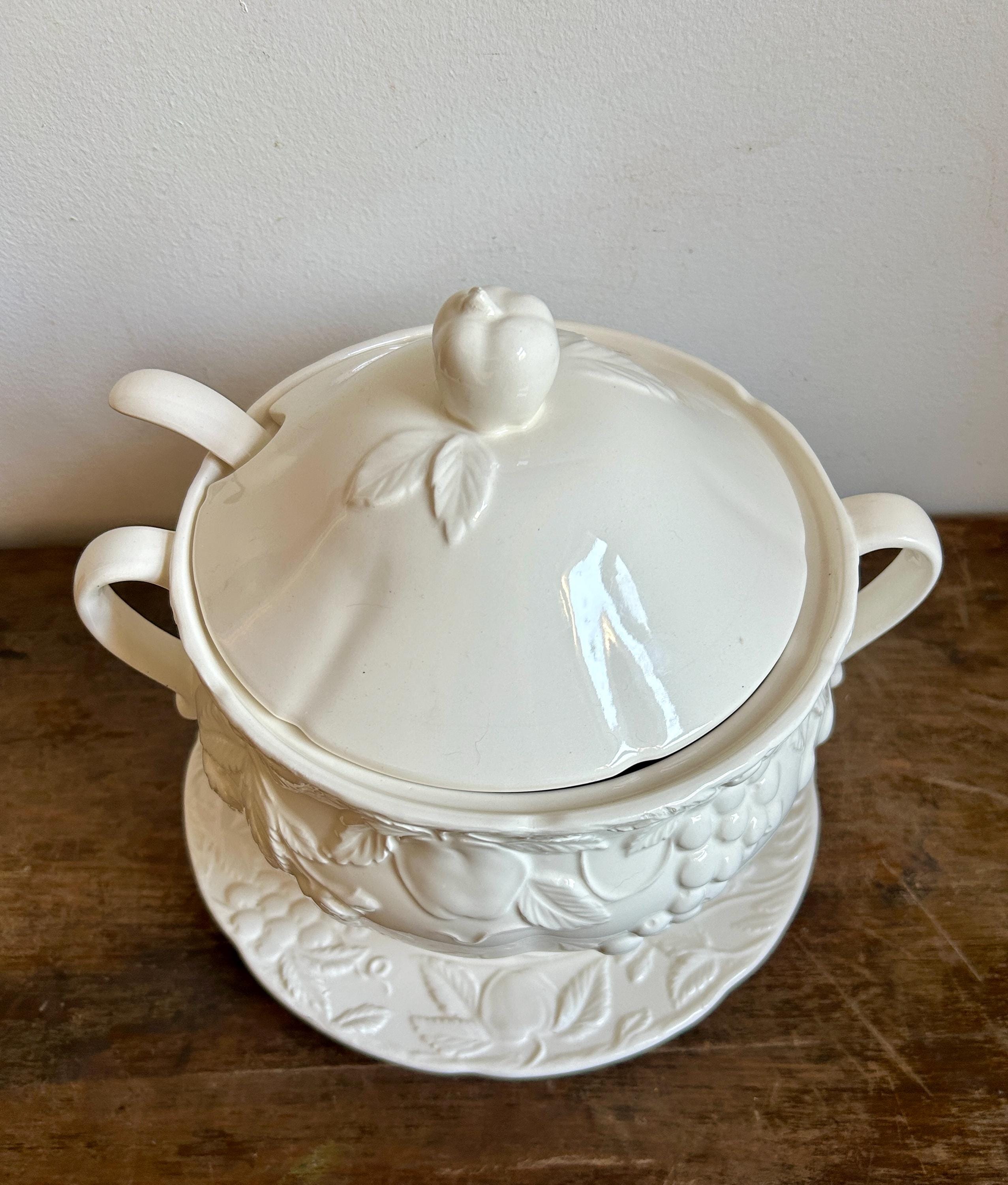 Vintage Porcelain Soup Tureen Set | Fruit Motif, Ladle & Plate