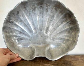 Vintage Solid Pewter Shell Tray | Clam Shell Serving Platter | Farmhouse Cottagecore