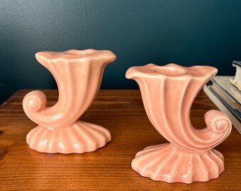 Pair of Vintage Pink Cornucopia Ceramic Candlestick Holders