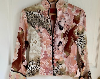 Vintage zijden shacket uit de jaren 90 | Bloemenluipaardprint, Aziatisch geïnspireerd