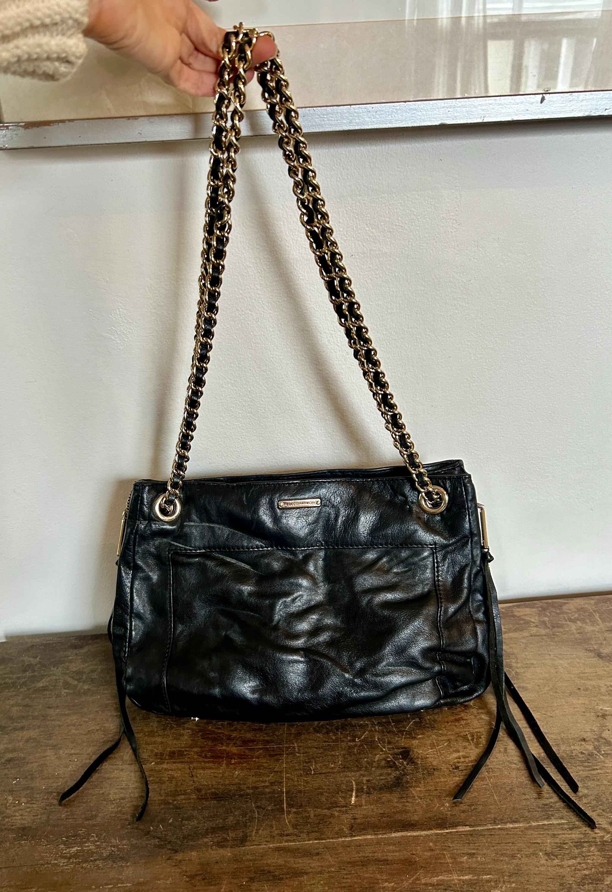 Y2K Rebecca Minkoff Black Leather Shoulder Bag | Gold Chain 