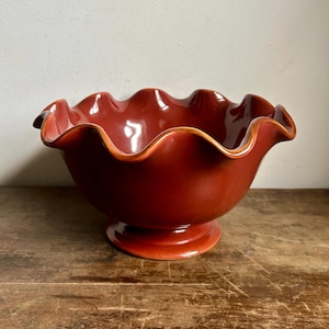 Vintage Brown Ceramic Ruffled Edge Pedestal Bowl | Centerpiece Bowl | Fruit Footed Bowl