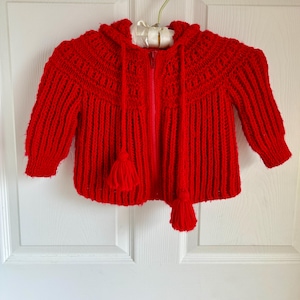 Vintage Hand Knit Bright Red Baby Cardigan with Hood and Tassels, 12 months | Vintage Baby Clothes Sweater
