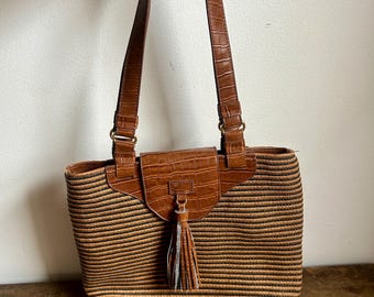 90er Jahre Vintage Korbtasche aus gewebtem Stroh | Faux Croc Lederbesatz