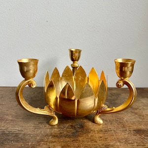 Vintage Brass Lotus Flower 3 Candle Holder | Footed Monteith Bowl | Brass Candelabra Centerpiece