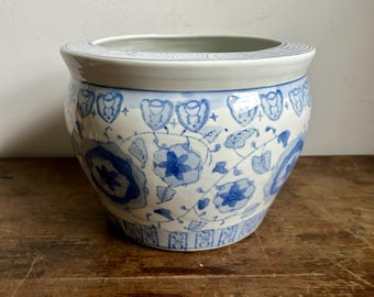 Vintage Asian White and Blue Fish Bowl Ceramic Planter, 9in | Blue Indoor Planter | Vintage Blue Ceramic Vase